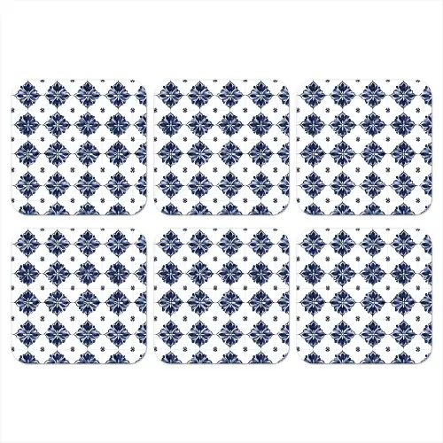 Tegelmotief - Blauw - Wit - Bloem onderzetter kurk middel 366 -3d