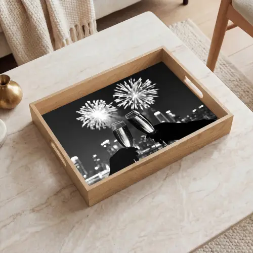 Vuurwerk - Proosten - Skyline - Champagne Dienblad Rechthoek middel -sfeer1