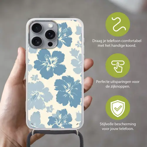 Hibiscusbloemen - Blauw - Patroon - Tropisch Hoesje iPhone 16 Pro Max met koord klein -sfeer2_NL