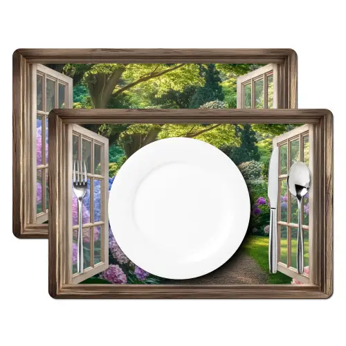 Doorkijk - Tuin - Raam - Hortensia - Bloemen Placemat vinyl groot -zzsfeer2_Kitchenyeah-website