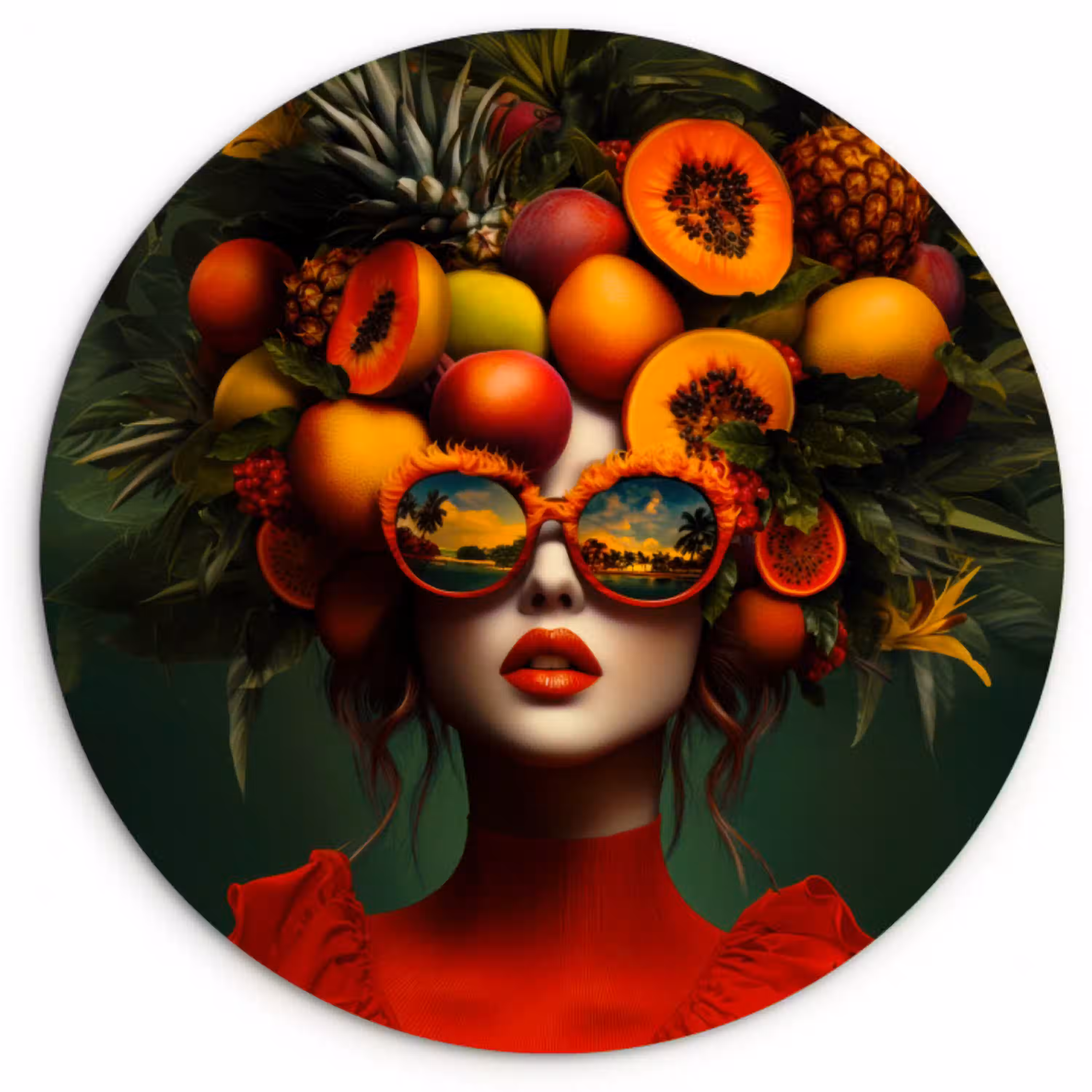 Vrouw - Vruchten - Papaja - Ananas Wandcirkel kunststof plaat 5mm dik klein -3d