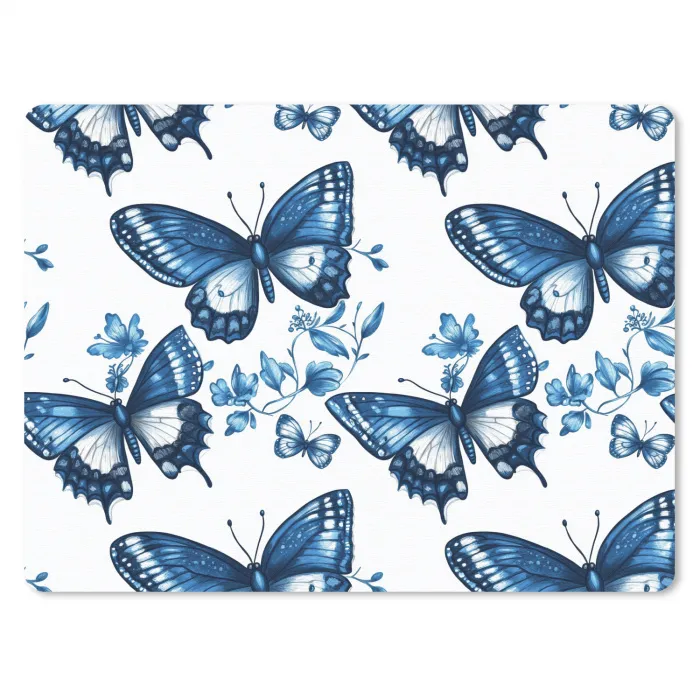 Blauw - Vlinders - Bloemen - Wit muismat rubber klein 262 -3d