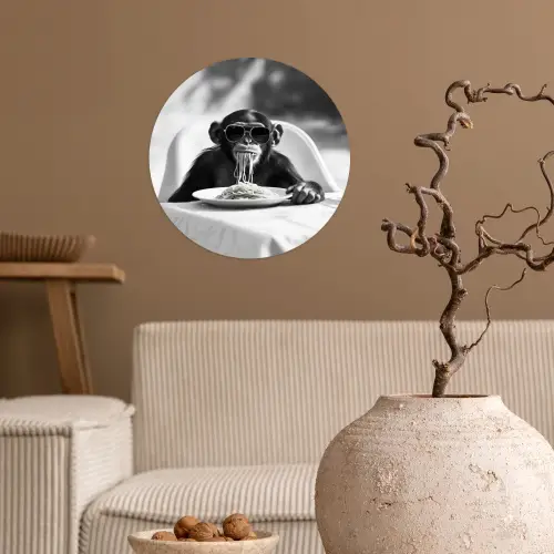 Aap - Spaghetti - Zonnebril - Zwart wit - Cool - Dier Wandcirkel behangsticker klein -sfeer1