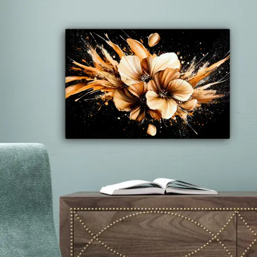 Bloemen - Goud - Graffiti - Zwart - Abstract canvas 2cm klein -sfeer4