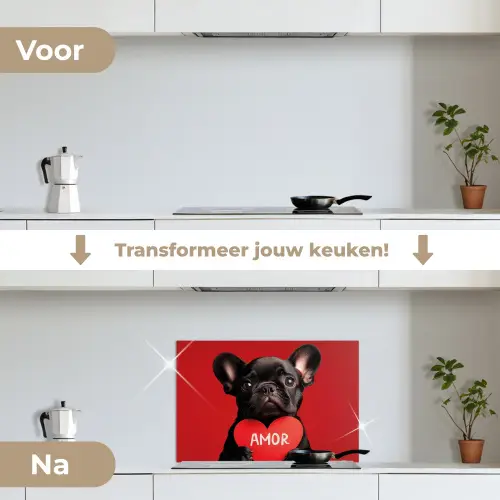 Amor - Hond  - Hartje - Rood keuken achterwand spatscherm klein -voor_na_NL