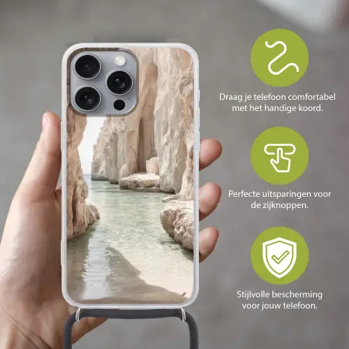 Rotsen - Zee - Zand - Kloof Hoesje iPhone 16 Pro Max met koord klein -sfeer2_NL