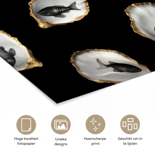 Oesters - Zwart - Vissen - Goud poster papier klein -closeup_NL