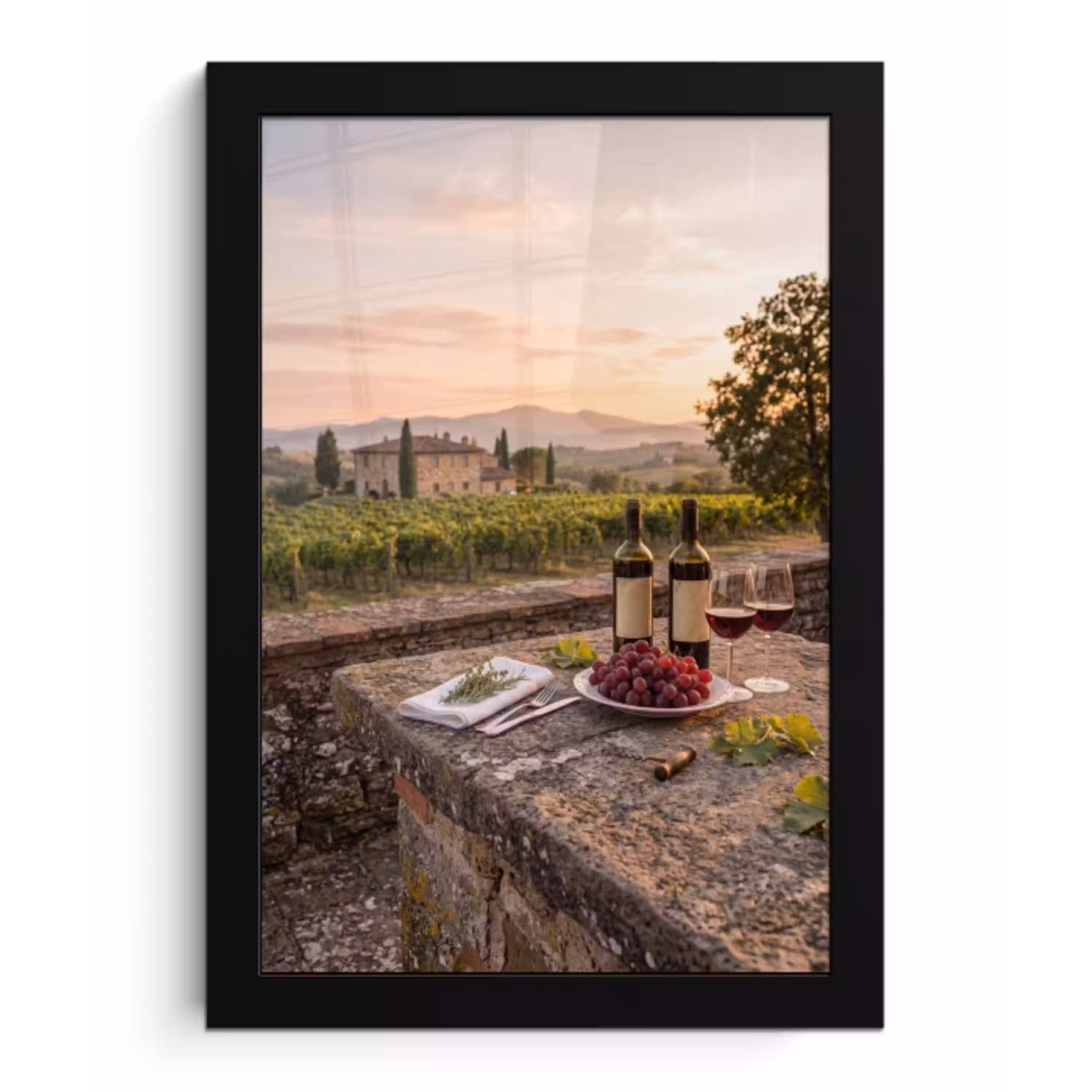 Wijn - Glazen - Druiven - Wijngaard fotolijst zwart zonder passe partout klein -3d