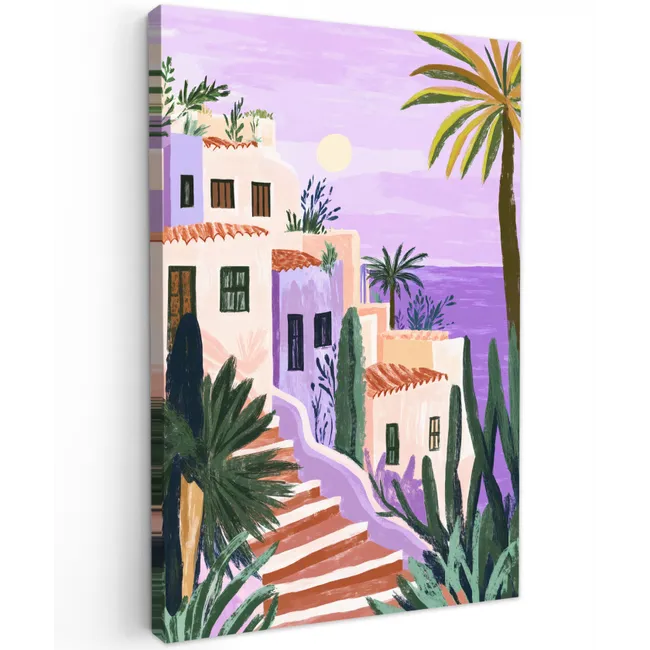 Huizen - Minimalistisch - Palmbomen - Kust Tuinposter op houten frame 2 cm dik klein -3d