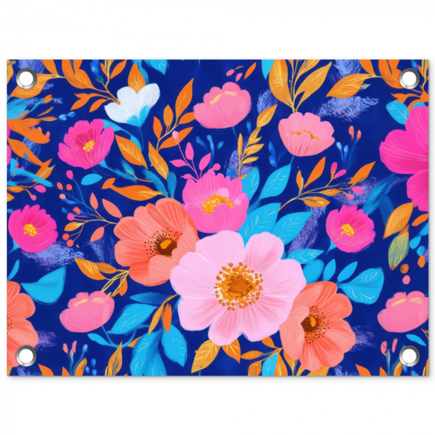 Bloemen - Blauw - Roze tuinposter los doek klein -3d
