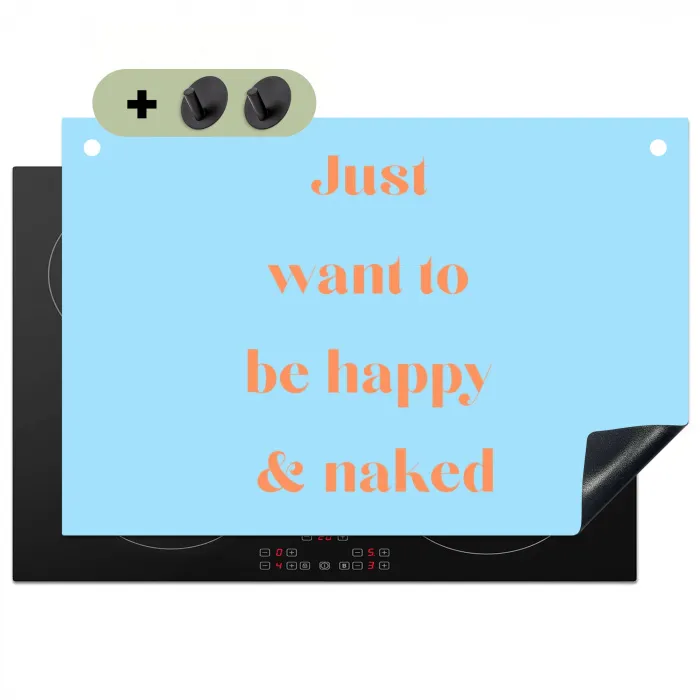 Blauw - Oranje - Just want to be happy & naked Inductie beschemer met haakjes klein -3d