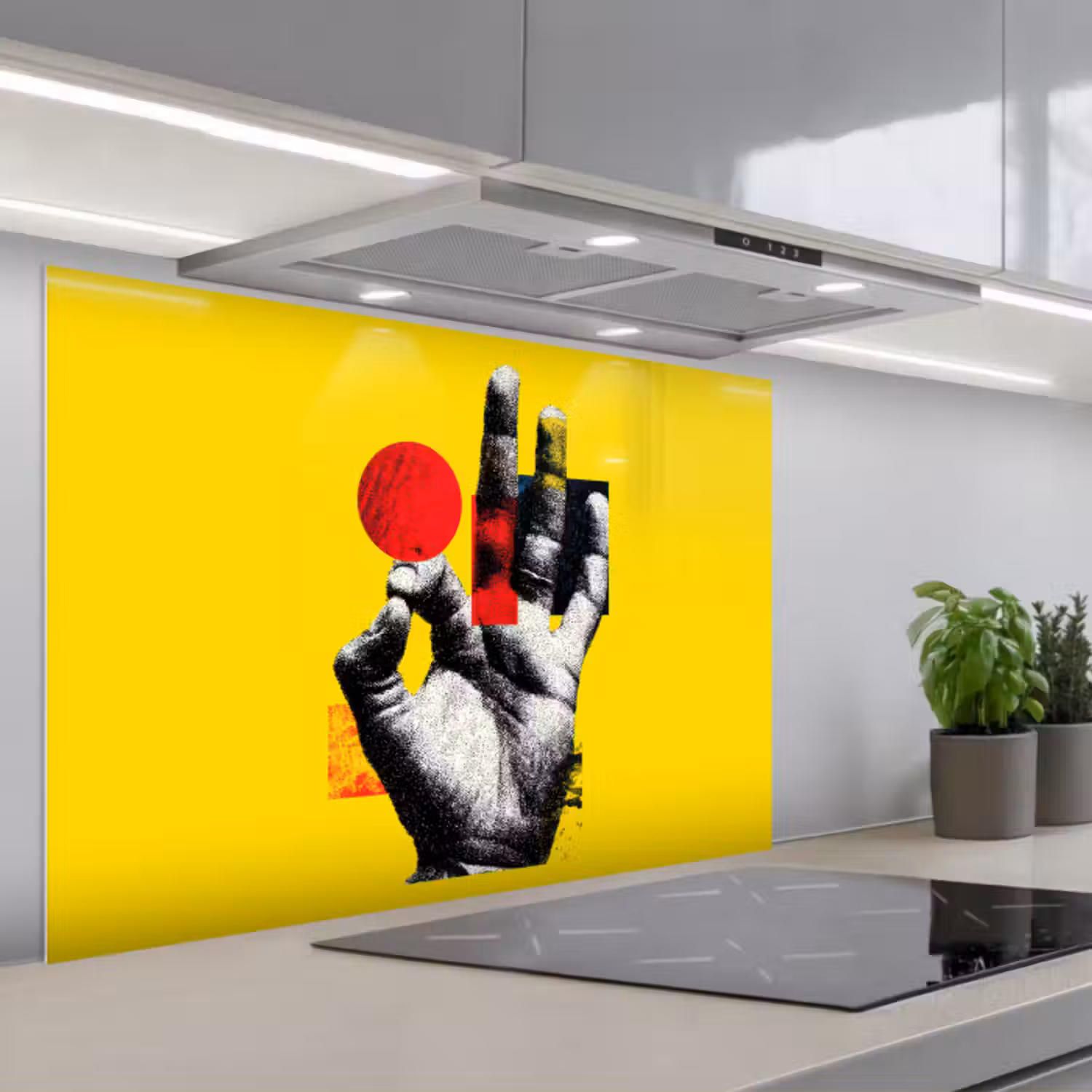 Spatscherm keuken - Hand - Rode cirkel - Geel