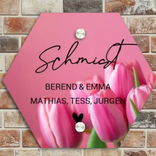 Roze tulpen - Sierlijk Naambord Hexagon klein -sfeer2