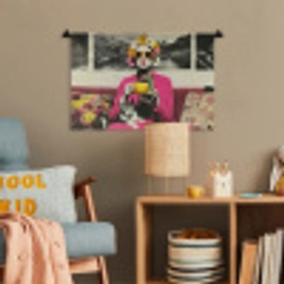 Vrouw - Kat - Bloemen - Kopje - Retro Wandkleed katoen klein -wsfeer4_kind