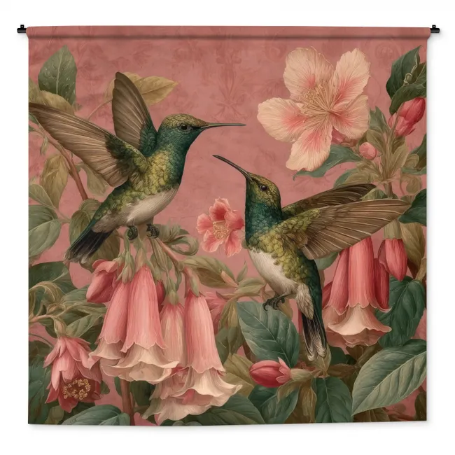 Wandkleed - Kolibries - Bloemen - Groen - Roze