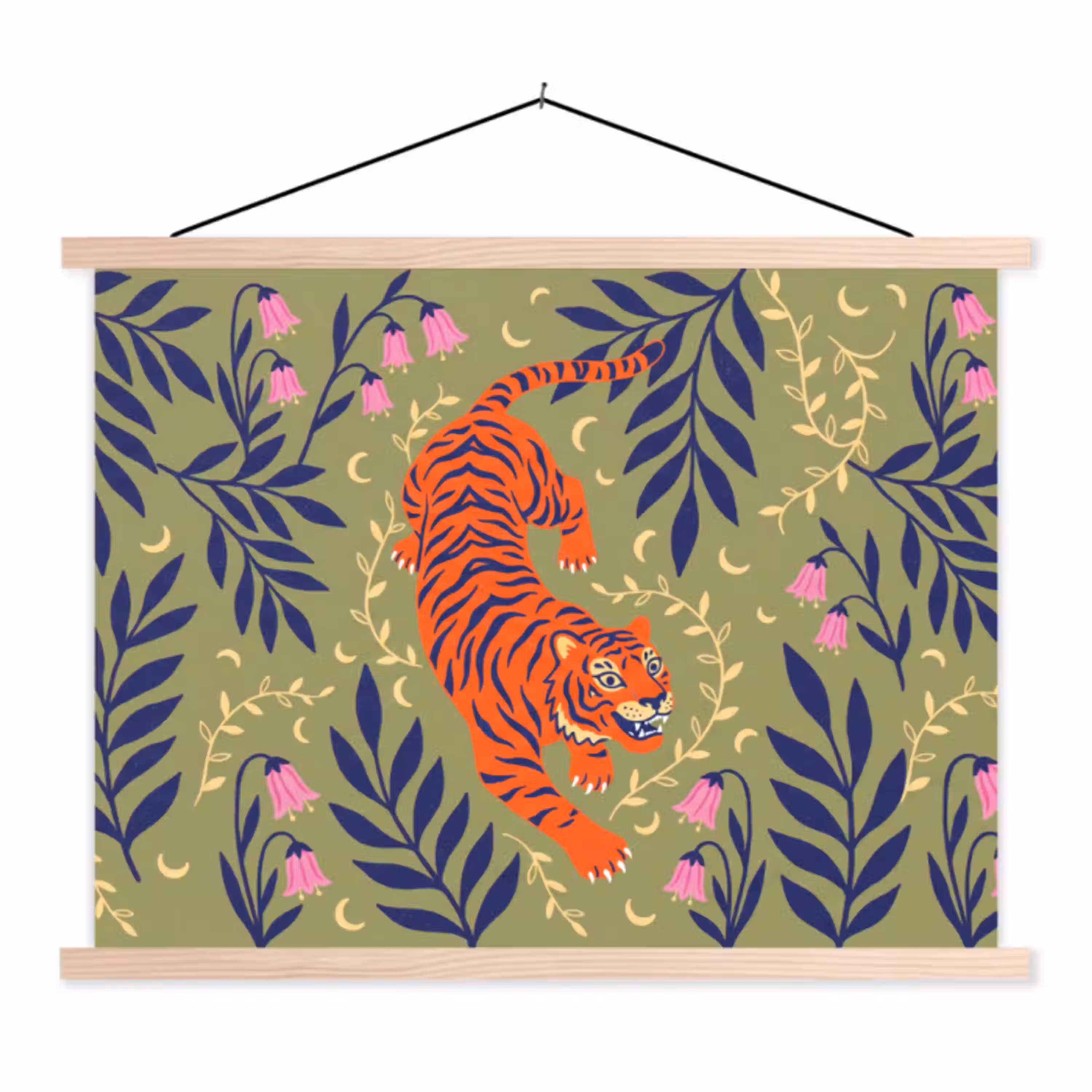 Tijger - Bladeren - Dieren - Illustratie - Oranje textielposter latten blank klein -3d