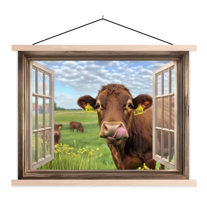 Doorkijk - Koe - Weiland - Landschap - Dieren textielposter latten blank klein -3d