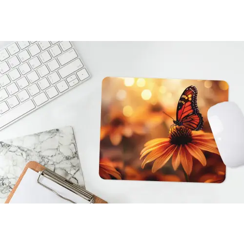 Vlinder - Bloemen - Oranje muismat rubber klein -witbureau