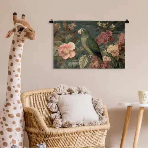 Groene papegaai - Kleurrijke bloemen - Donkere achtergrond Wandkleed katoen klein -wsfeer5_kind