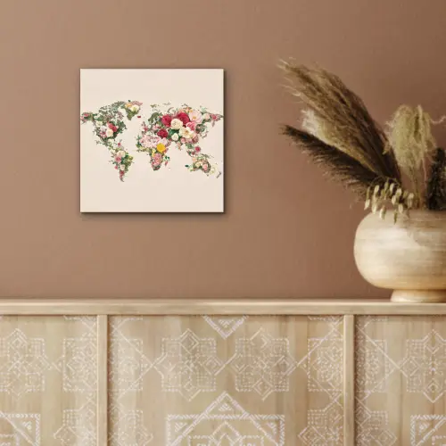 Wereldkaart - Bloemen - Roze aluminium wit klein -sfeer4