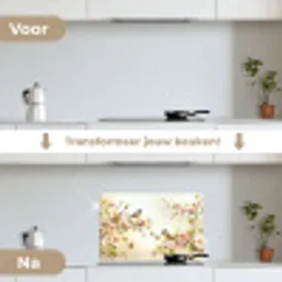 Takken - Bloemen - Vogeltjes - Roze keuken achterwand spatscherm klein -voor_na_NL