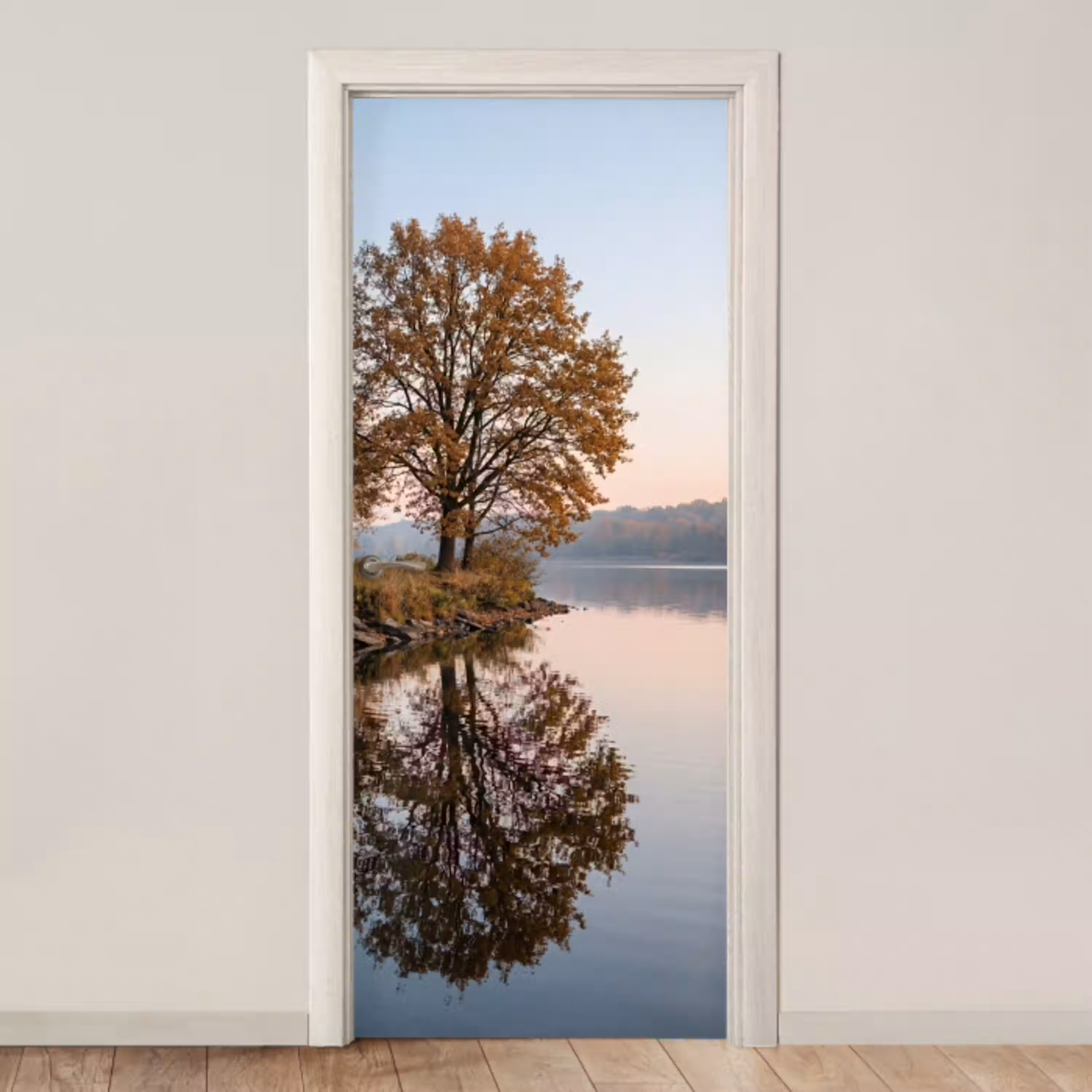 Bomen - Reflectie - Water - Zonsopgang - Serene deurposter klein -3d_beige