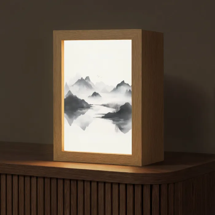 Bergen - Mistig - Water - Wit Light Box met kabel (Tafellamp) klein -z3d_website