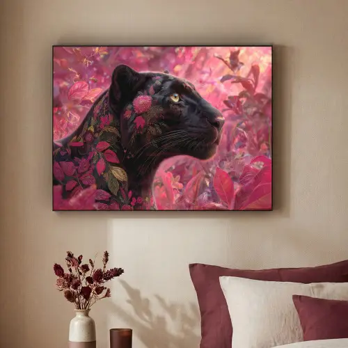 Luipaard - Bloemen - Roze Textielframe zwart klein -sfeer1