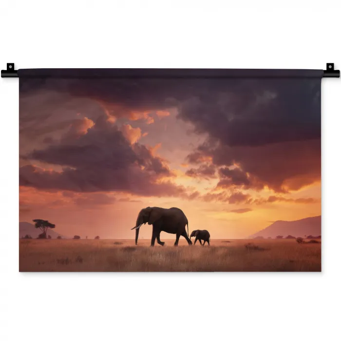 Olifanten - Grasland - Zonsondergang Wandkleed katoen klein -zz3d