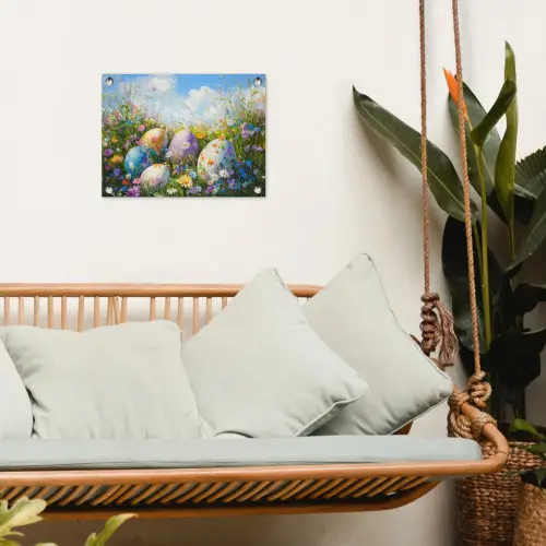 Grasveld - Eieren - Bloemen tuinposter los doek klein -sfeer7
