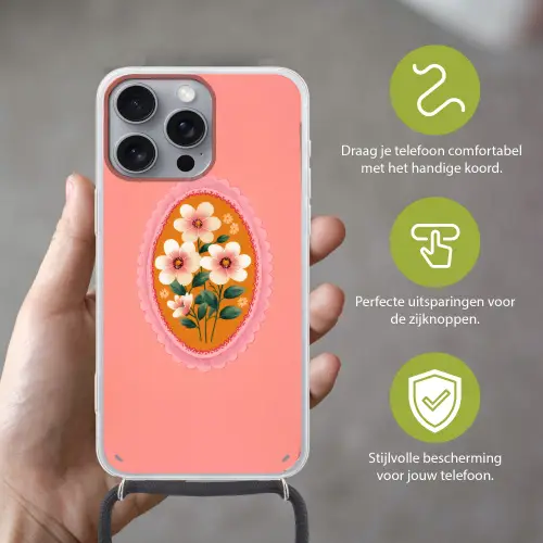 Illustratie - Bloemen - Rand - Roze Hoesje iPhone 16 Pro Max met koord klein -sfeer2_NL