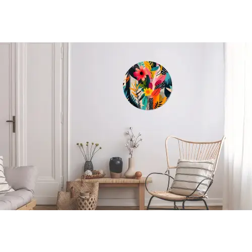 Schilderij - Abstract - Bloemen - Roze Wandcirkel aluminium klein -woonkamer