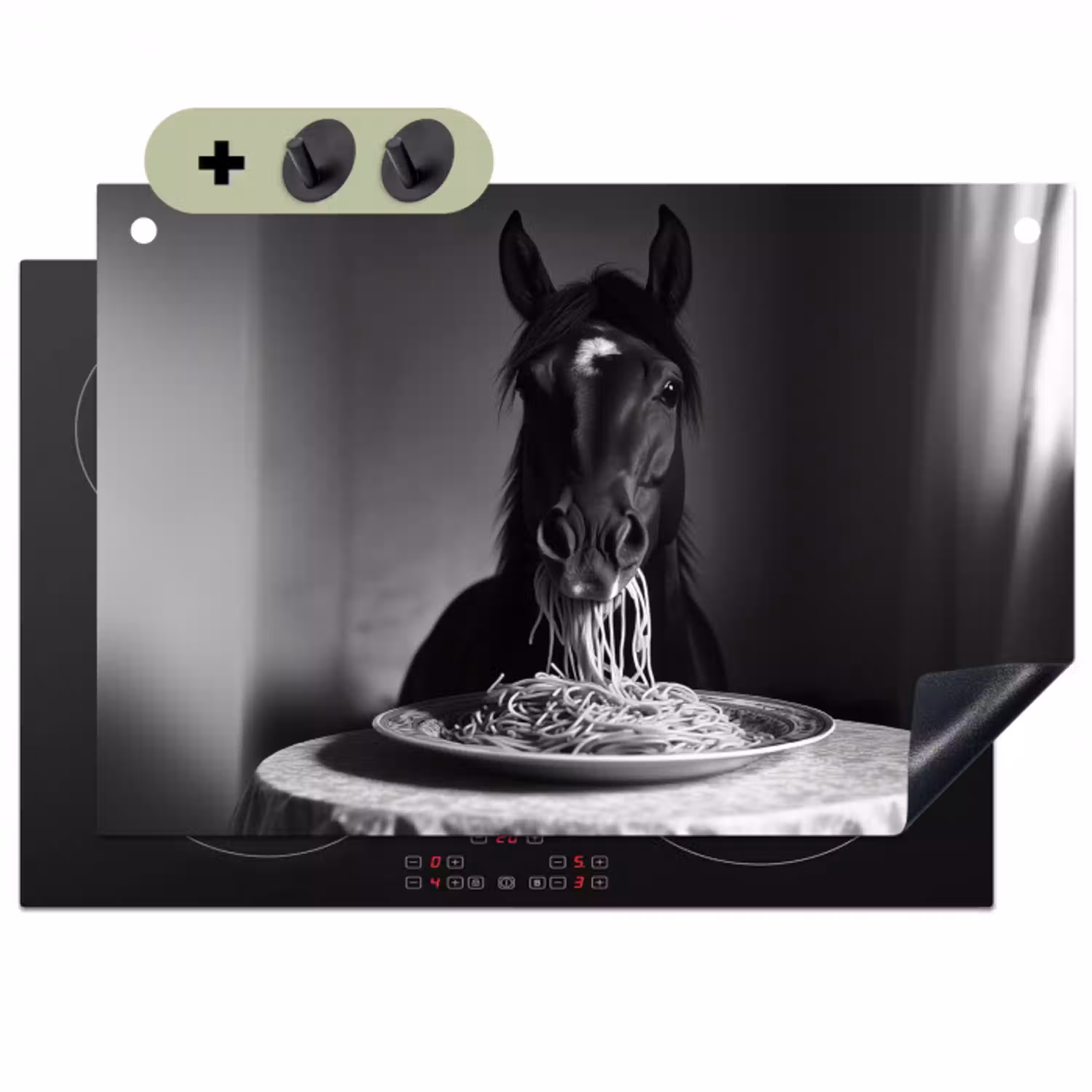 Paard - Bord - Pasta - Tafelkleed - Zwart Wit - Dieren Inductie beschemer met haakjes klein -3d