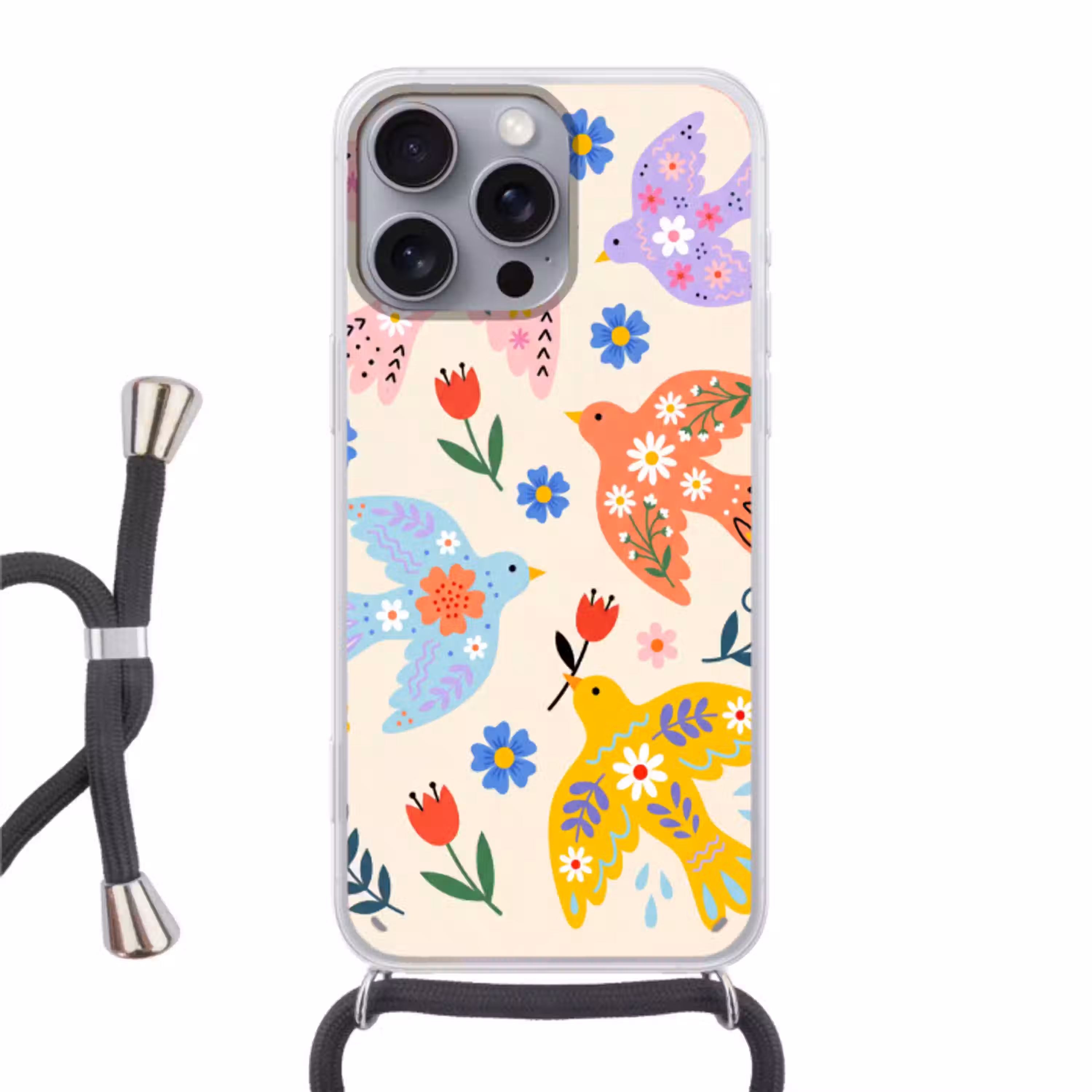 Vogel - Bloemen - Folk - Kleurrijk - Dieren Hoesje iPhone 16 Pro Max met koord klein -3d