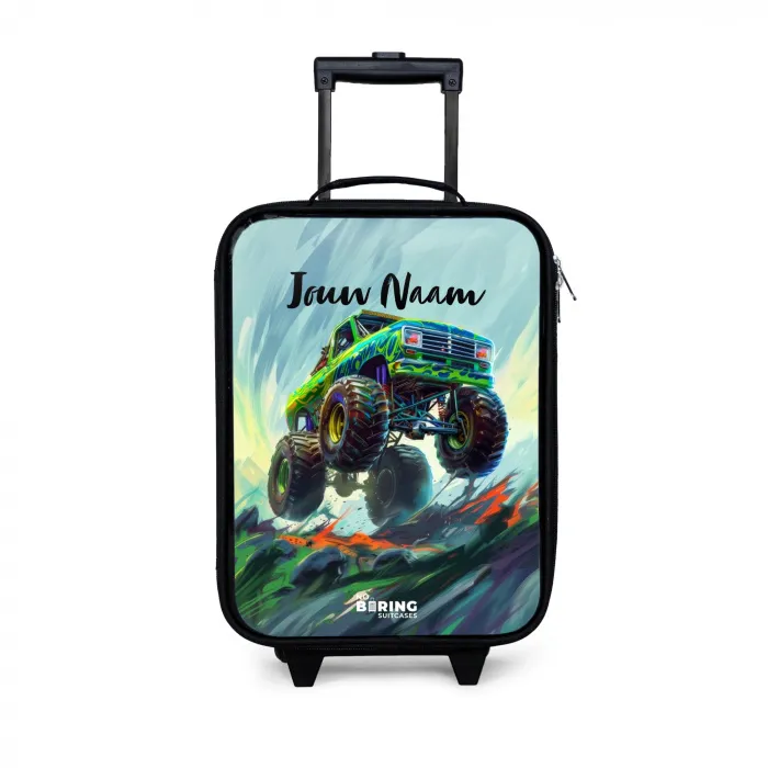 Groene Monstertruck met Penseelstreken Kinderkoffer - Zwart klein -3d