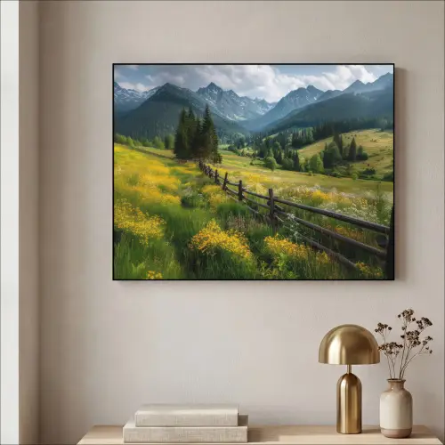 Veld - Hek - Bergen - Bloemen Textielframe zwart klein -sfeer2