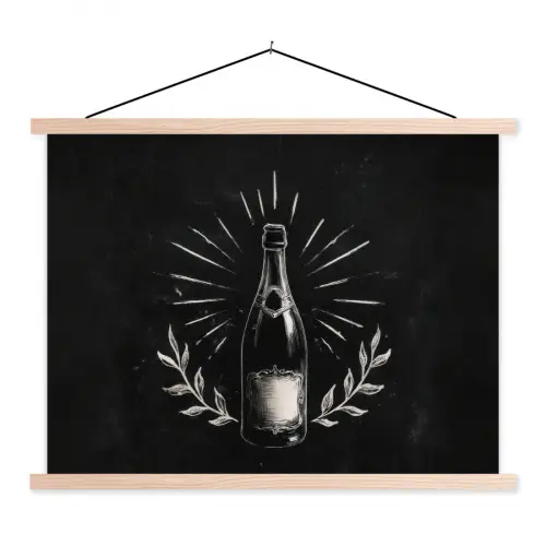 Champagnefles - Lauriertakken - Zwarte achtergrond textielposter latten blank klein -3d