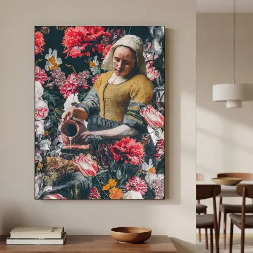 Melkmeisje - Johannes Vermeer - Bloemen - Roze Textielframe zwart klein -sfeer2