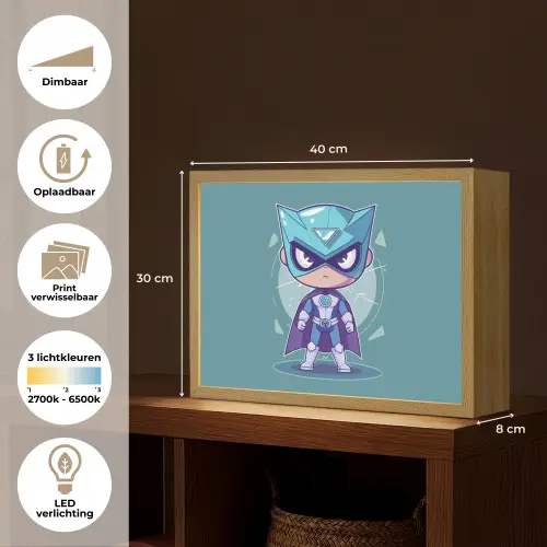 Superheld - Blauw - Jongens Light Box met batterij (Wandlamp kind) middel -USP_websiteoverzichtNL