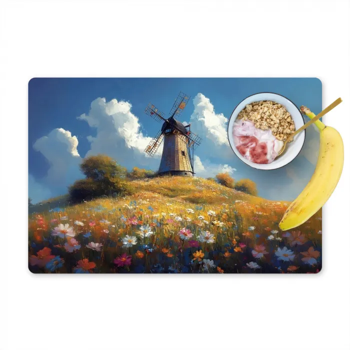 Windmolen - Heuvel - Bloemen - Kleurrijk Placemat vinyl groot -zzzproduct_Kitchenyeah-website