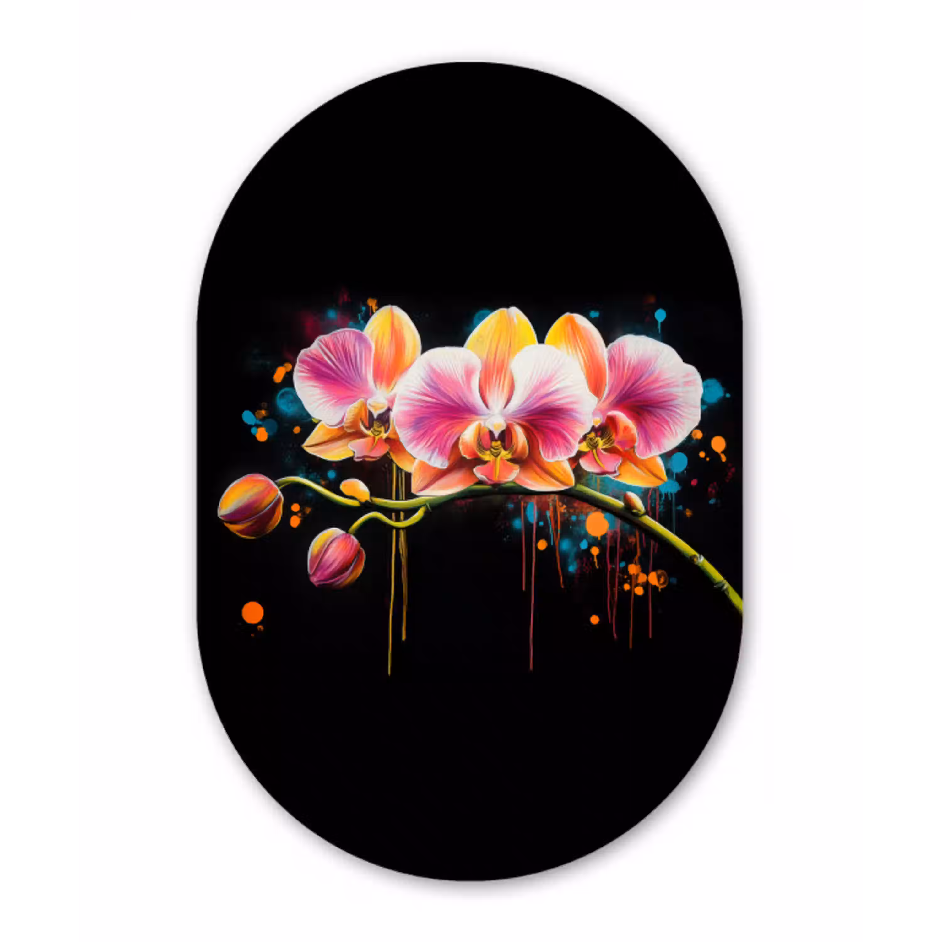 Orchidee - Graffiti - Kleurrijk - Bloemen - Abstract Wandcirkel Ovaal Glas middel -3d