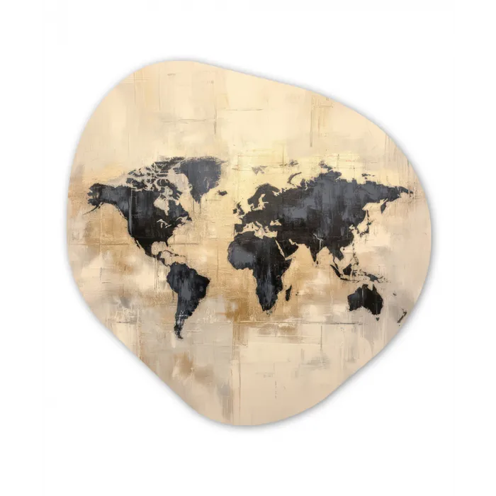 Wereldkaart - Goud - Zwart - Abstract Wandcirkel Organisch Aluminium middel -3d