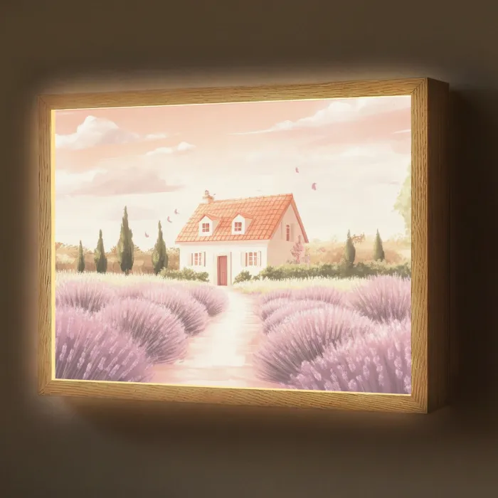 Lavendelveld - Huis - Paars Light Box met batterij (Wandlamp) middel -z3d_website