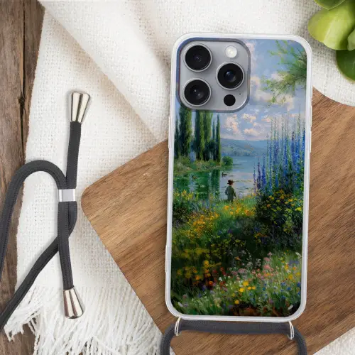 Bloemen - Meer - Bergen - Groen Hoesje iPhone 16 Pro Max met koord klein -sfeer4