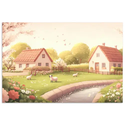 Schapen - Huisje - Platteland poster papier klein -3d