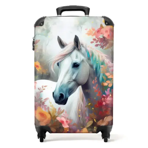Wit paard omringd door bloemen Koffer - NBS - Handbagage middel -productfoto_recht