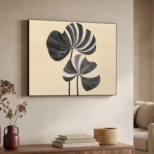 Zwart - Bladeren - Strepen - Minimalistisch Textielframe zwart klein -sfeer3