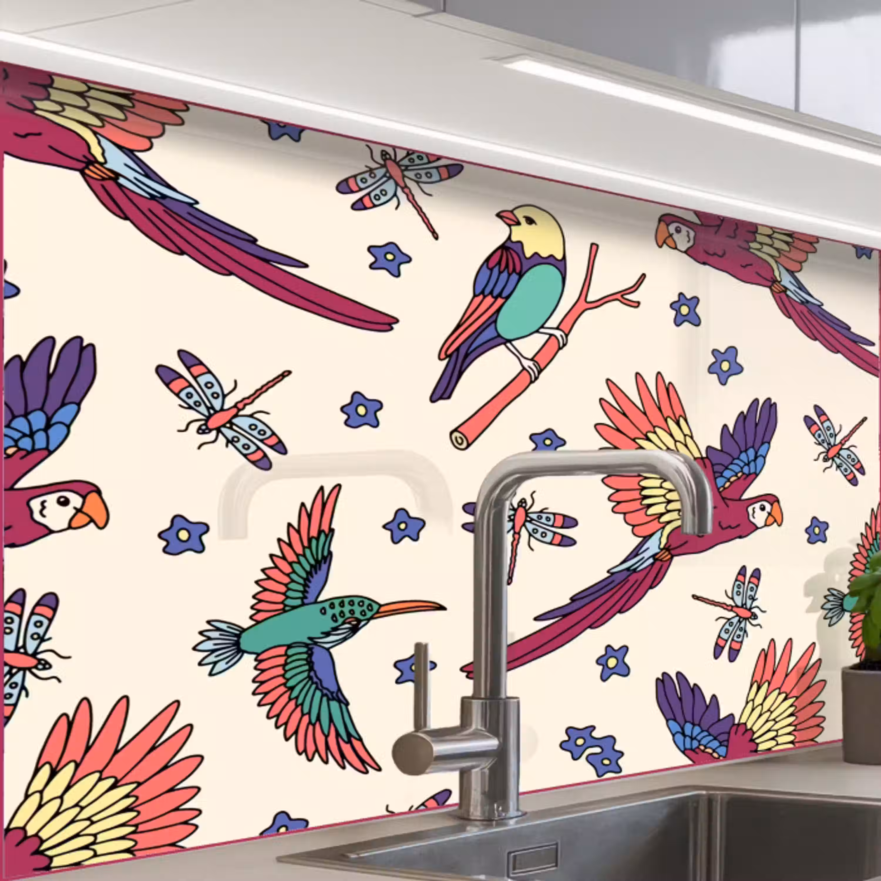Patronen - Vintage - Vogels keuken achterwand 2 middel 865 -zzzz3d_schuin