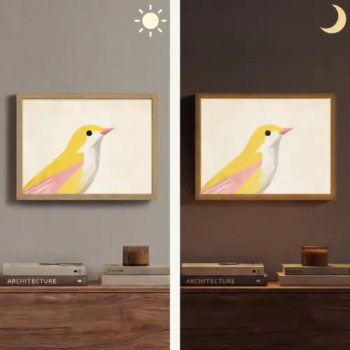 Vogel - Minimalistisch - Geel Light Box met batterij (Wandlamp) middel -sfeer3