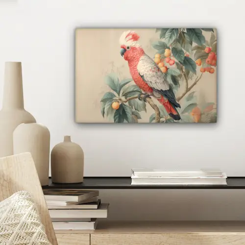 Roze kuifkaketoe - Tak met vruchten - Bladeren canvas 2cm klein -sfeer6